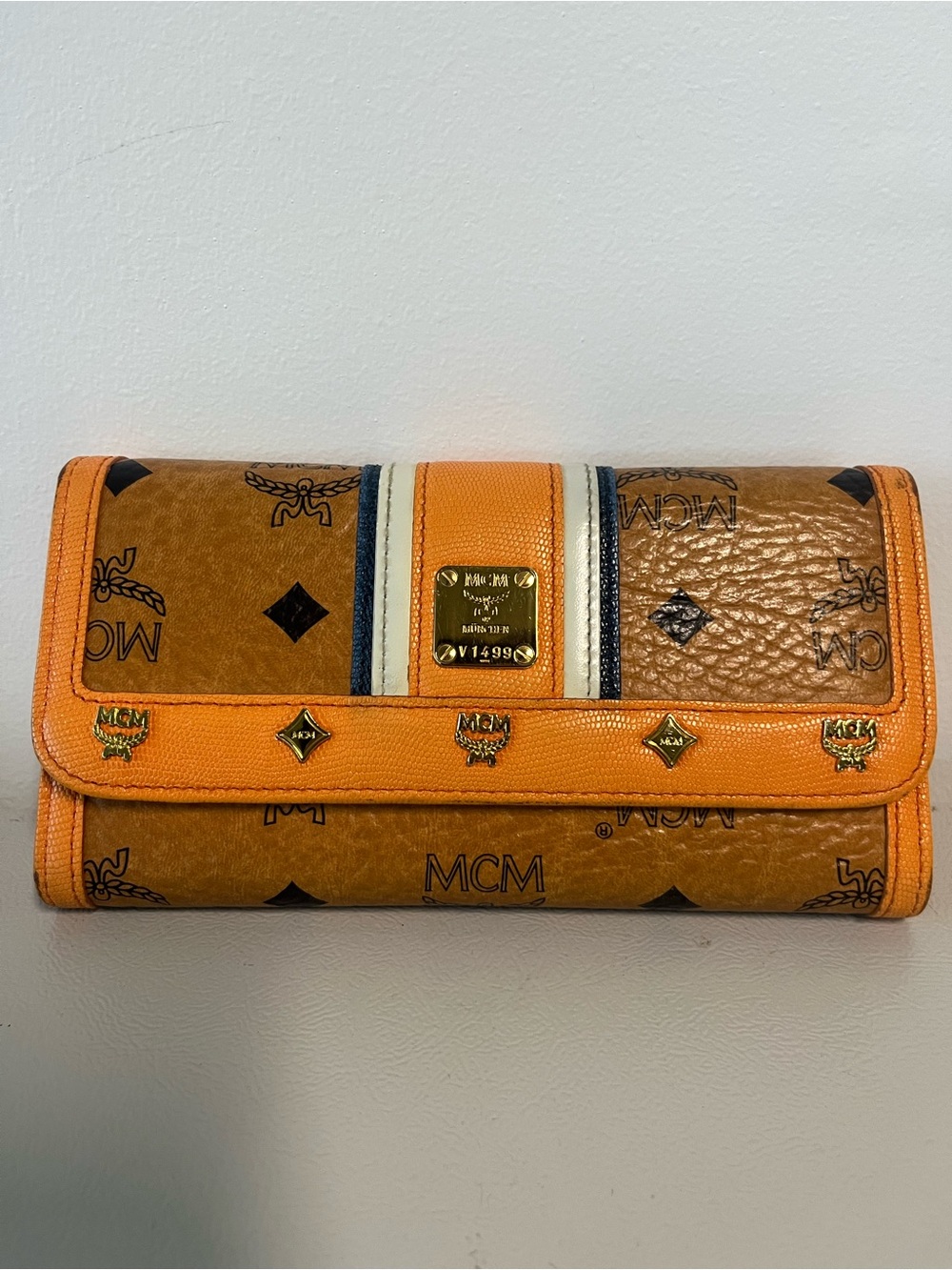 MCM Cognac Visetos Continental Wallet with Orange and Navy Stripe